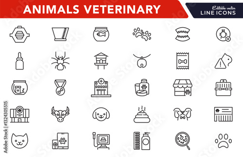 Veterinary, pet, vet, pet shop, dog care, training, cat, food line icons set collection. Outline icon collection. Pets line icons. Lovely animals icon pack. Vaccine, pet care, and dog paw