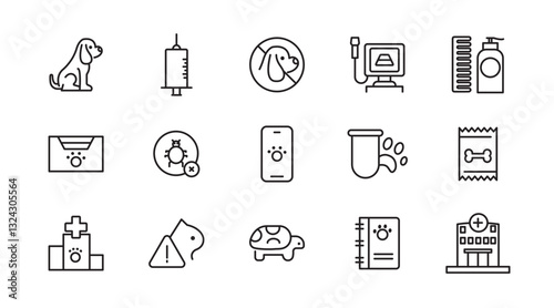 Veterinary, pet, vet, pet shop, dog care, training, cat, food line icons set collection. Outline icon collection. Pets line icons. Lovely animals icon pack. Vaccine, pet care, and dog paw
