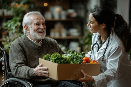 an elderly man in a wheelchair receives a box of fresh produce from a doctor.