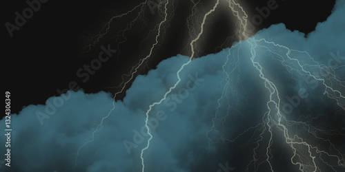 Thunder, lightnings and rain on a stormy summer night in black and white. Lightning bolts in the sky at night. 