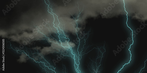 Thunder, lightnings and rain on a stormy summer night in black and white. Lightning bolts in the sky at night. 