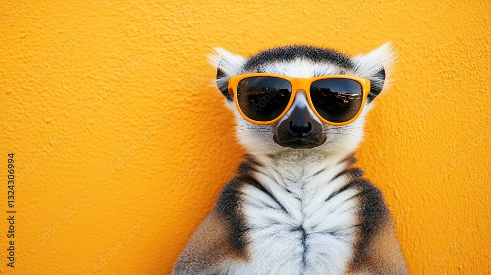 Obraz premium A lemur dressed up in sunglasses strikes a pose against a bright orange background in a sunny outdoor location