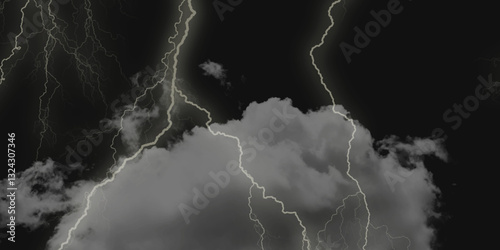 Thunder, lightnings and rain on a stormy summer night in black and white. Lightning bolts in the sky at night. 