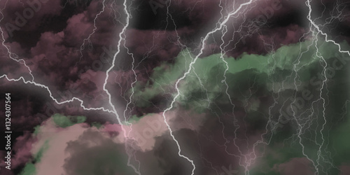 Thunder, lightnings and rain on a stormy summer night in black and white. Lightning bolts in the sky at night. 