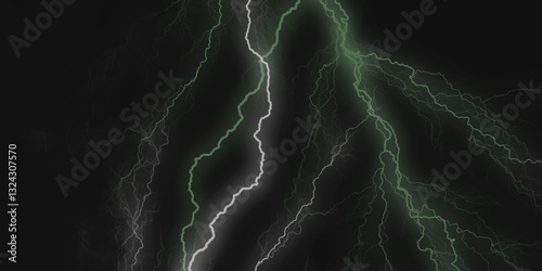 Thunder, lightnings and rain on a stormy summer night in black and white. Lightning bolts in the sky at night. 