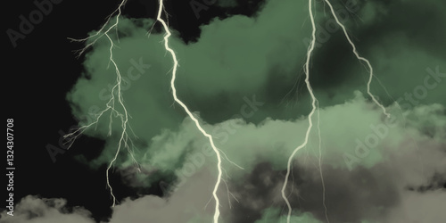 Thunder, lightnings and rain on a stormy summer night in black and white. Lightning bolts in the sky at night. 