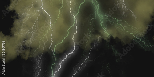 Thunder, lightnings and rain on a stormy summer night in black and white. Lightning bolts in the sky at night. 