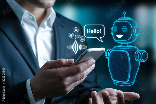 AI Voice Assistant Communication with Businessman Using Smartphone, artificial intelligence, smart technology,AI communication, voice recognition, AI chatbot.