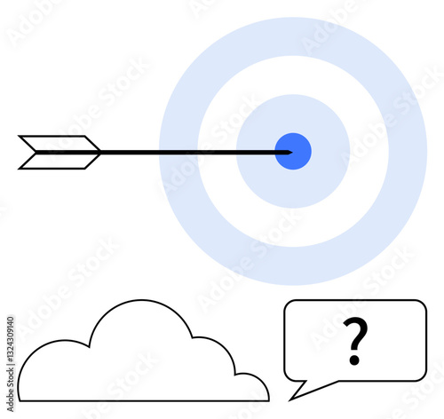 Arrow striking target center, cloud and question speech bubble symbolizing precision, goals, ideas, problem-solving, clarity, focus, ambitions decision-making. Ideal for strategy success-related