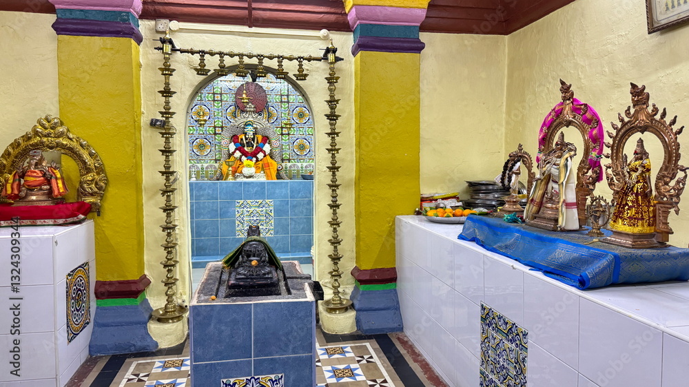 The interior of Hindu temple with statues of Ganesha in Malaysia