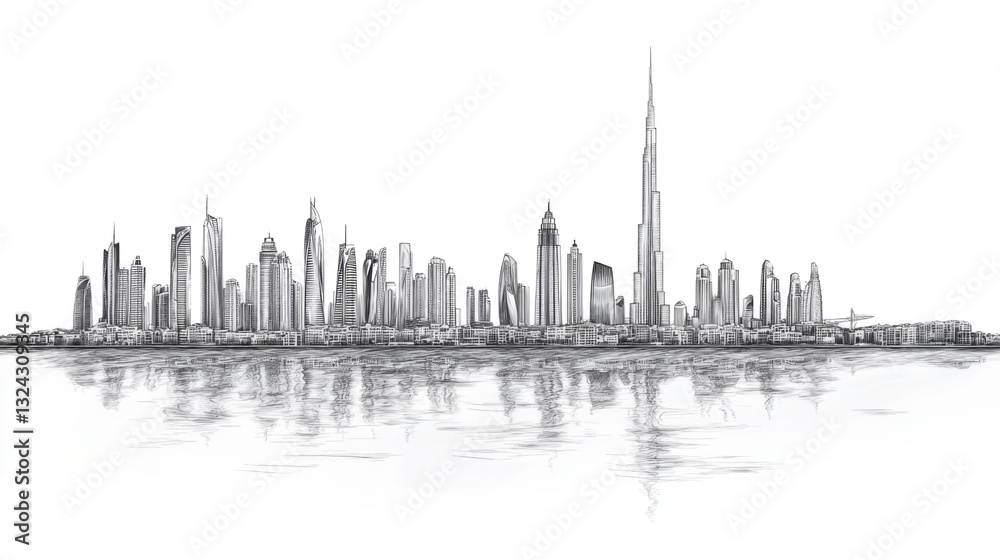 Naklejka premium Line drawing of Dubai city skyline United Ara isolated on white background a