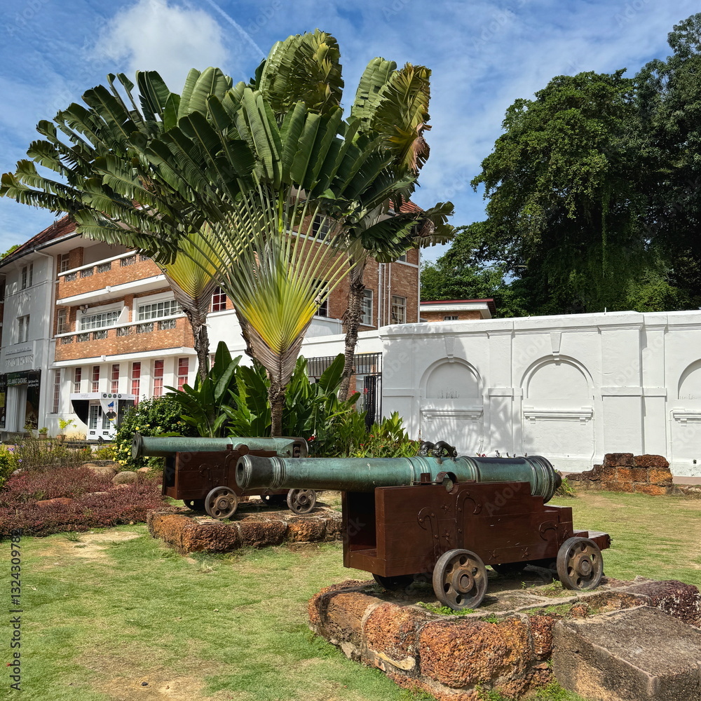 Two cannons remained in Porta de Santiago of Portuguese fortress in Malacca, Malaysia