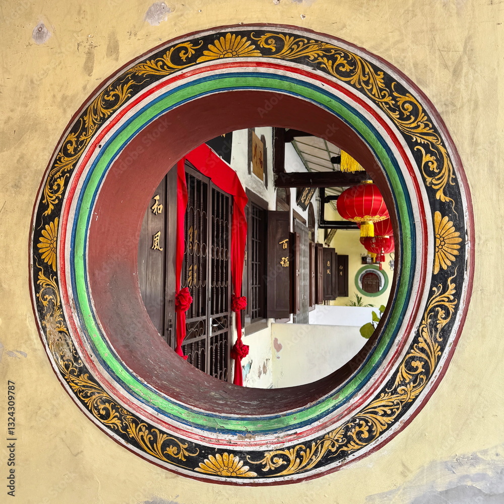 Colorful Chinese round window displayed in Malacca, Malaysia