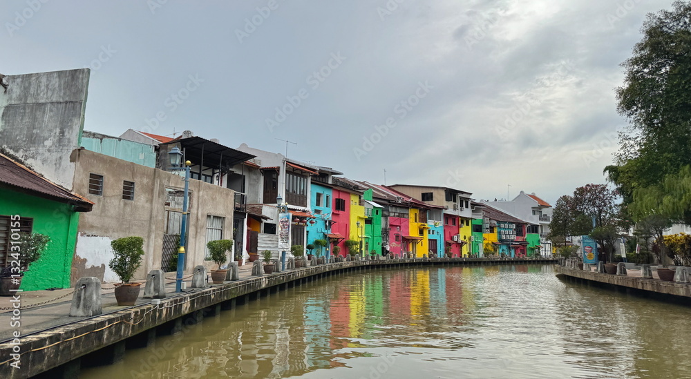 Colorful buildings along the Melaka River in Malaysia
