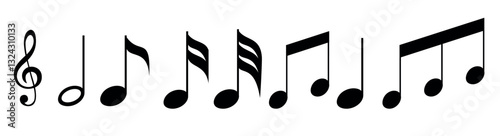 Comprehensive collection of musical notation symbols featuring various note types and treble clefs in clean vector format for musicians and designers