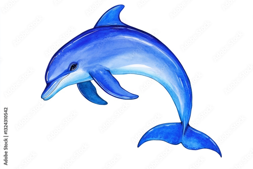 Fototapeta premium Watercolor blue dolphin jumping and playing in the ocean