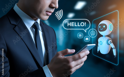 AI Voice Assistant Communication with Businessman Using Smartphone, artificial intelligence, smart technology,AI communication, voice recognition, AI chatbot.