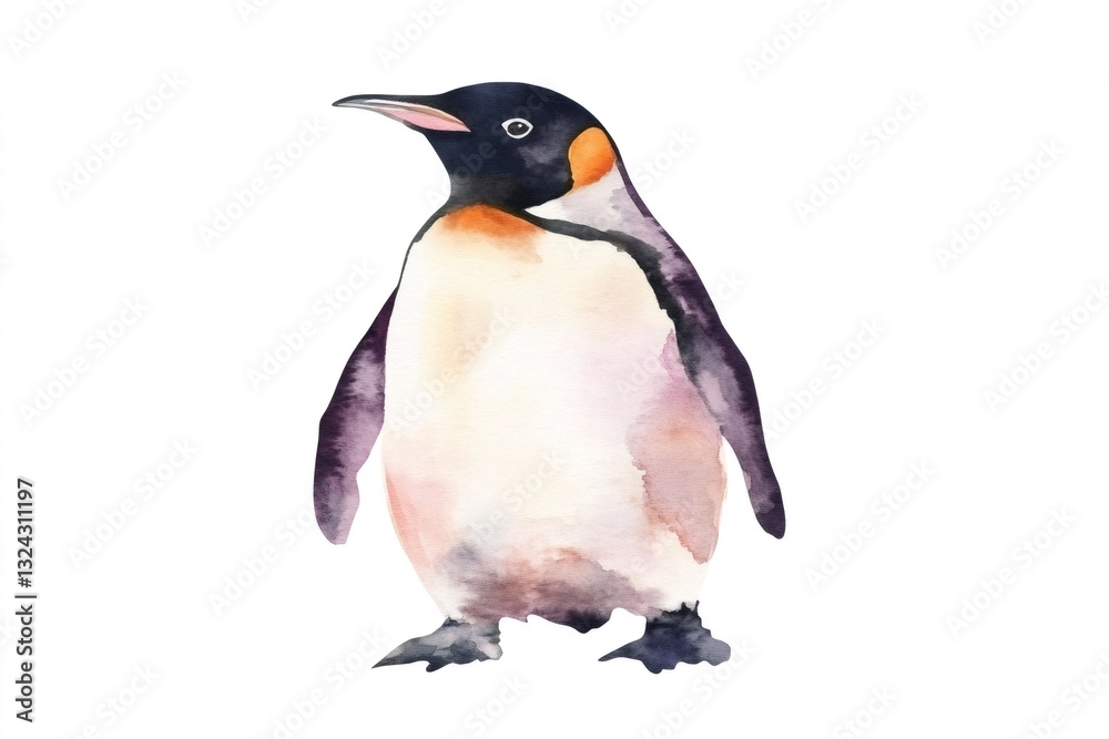 Obraz premium Emperor penguin standing, showing its beautiful orange and black plumage in watercolor painting