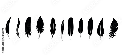 Set of black feather icons in a flat style. Collection of bird feathers, quill, and pen silhouettes. Vector illustration.