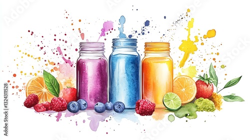 Colorful smoothie jars with fruits and splashes.