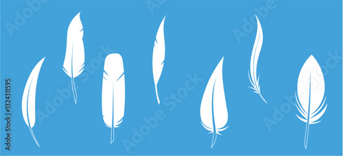 Set of white feather silhouettes in a flat style. Collection of bird feathers in various shapes on a colored background. Vector illustration.