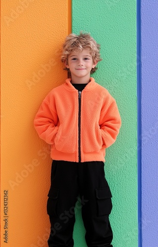 Cute stylish boy near color wall