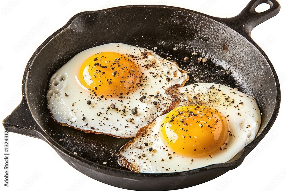 high resolution image of Two fried eggs with black pepper in a cast iron pan, isolated on white. high resolution image of Two fried eggs with black pepper in a cast iron pan, isolated on white.