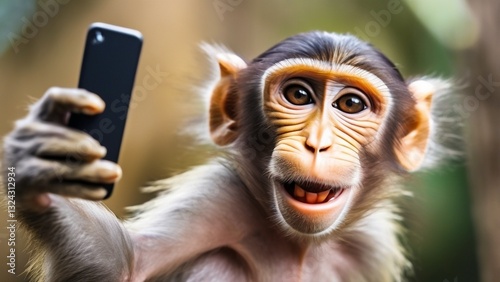 Funny monkey taking a selfie and smiling at camera
