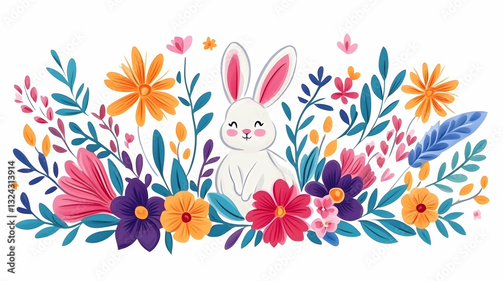 Cute bunny surrounded by colorful spring flowers Cute bunny surrounded by colorful spring flowers