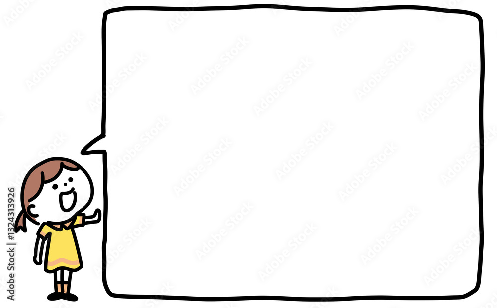 女の子のイラスト付き吹き出し　手描き風吹き出し　黄色のワンピースを着た女の子