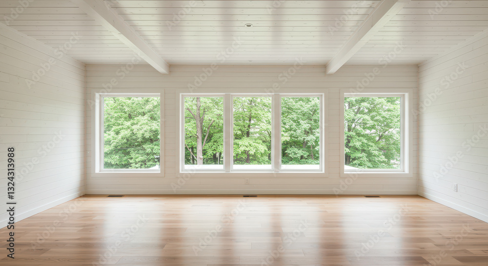 Fototapeta premium Bright Empty Room with Wood Floors and Windows: A Modern Interior Design Showcase