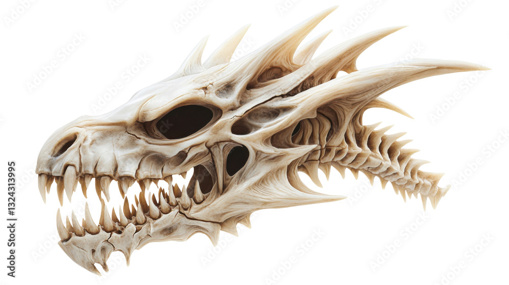 Obraz premium A detailed dragon skull with prominent spikes isolated on white background