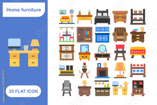 Collection of Home Furniture Icons - 25 Stylish Icons for Interior Design, Living Room, Bedroom, and Office