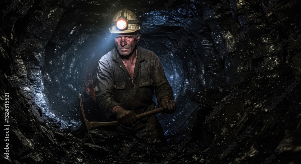 Coal miner with a pickaxe in a dark coal mine. Concept of hard work, energy, industry, and extraction. Coal miner with a pickaxe in a dark coal mine. Concept of hard work, energy, industry, and extraction.