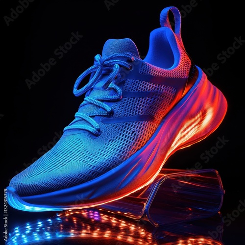 A brightly lit sneaker featuring blue and red hues, showcasing a modern design that emphasizes style and performance.