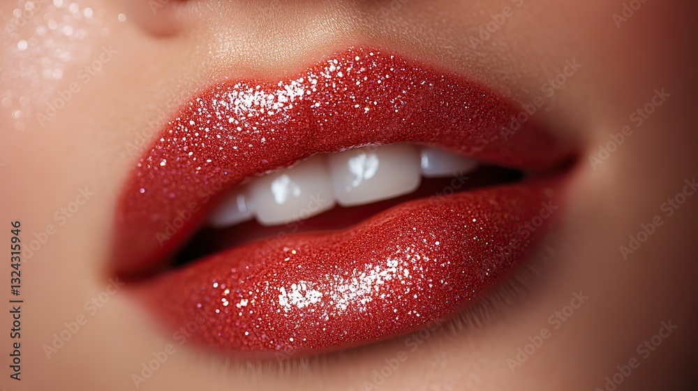 Obraz premium Showcasing cosmetology and beauty enhancement results for plump shiny lips, a close up features beautiful female lips covered with lip gloss.