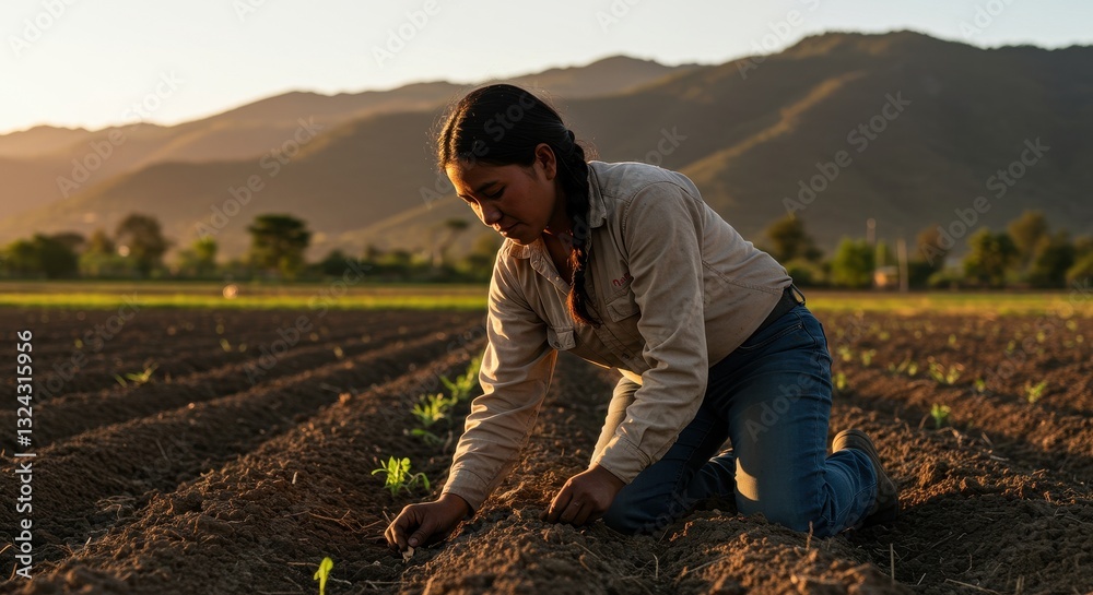 Fototapeta premium Young farmer working in a field, planting crops at sunset. Agriculture, farming, and rural lifestyle concept.