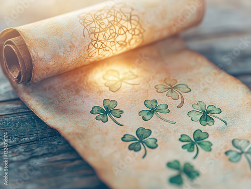 Ancient scroll with shamrock motifs, glowing softly on wooden table