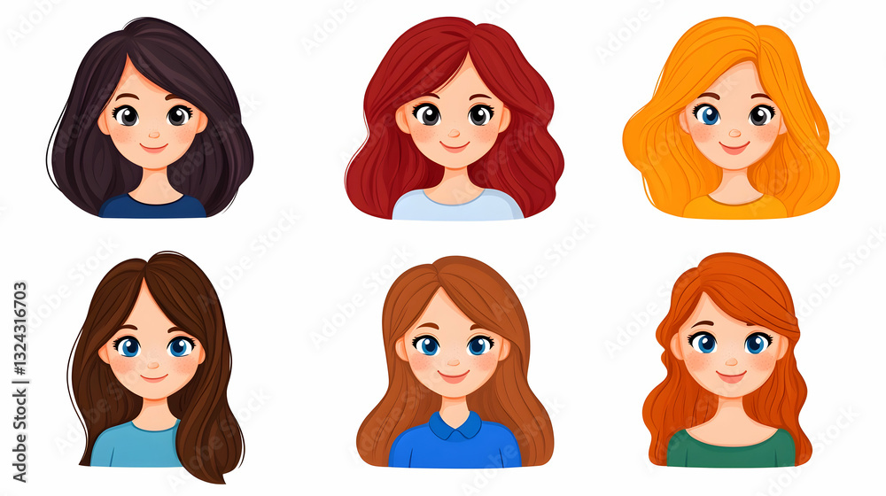 Cute cartoon girls with various hairstyles and colors Cute cartoon girls with various hairstyles and colors