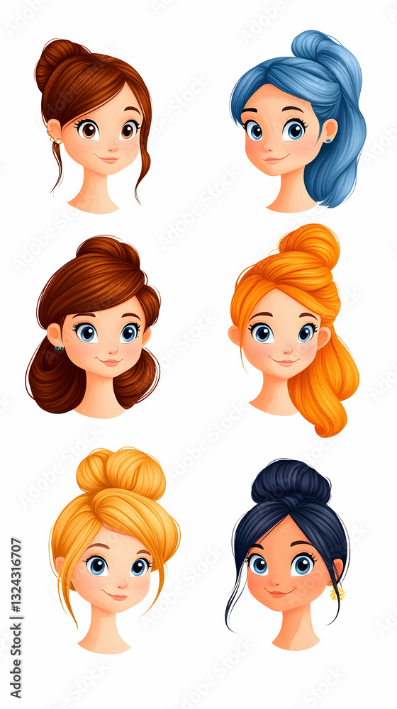 Cute cartoon girls with various updo hairstyles Cute cartoon girls with various updo hairstyles