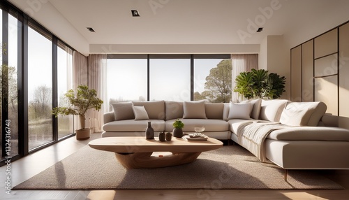 A modern living room featuring minimalist furniture, a neutral color palette, and large windows letting in abundant natural light. The clean lines, plush sofa, and carefully chosen decor elements