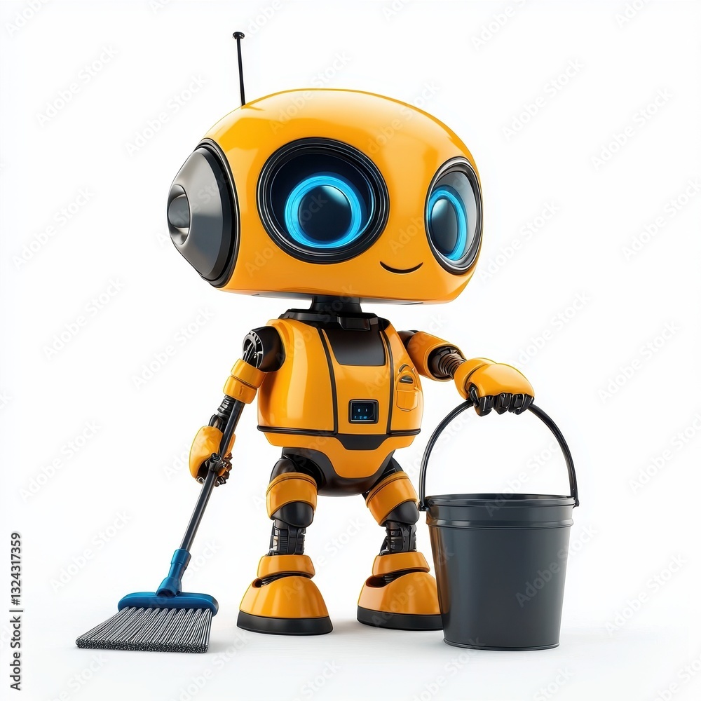 Fototapeta premium Adorable robot janitor holding a mop and bucket, isolated on clear white background