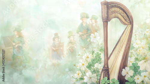 harp surrounded by shamrocks and flowers, evoking serene atmosphere