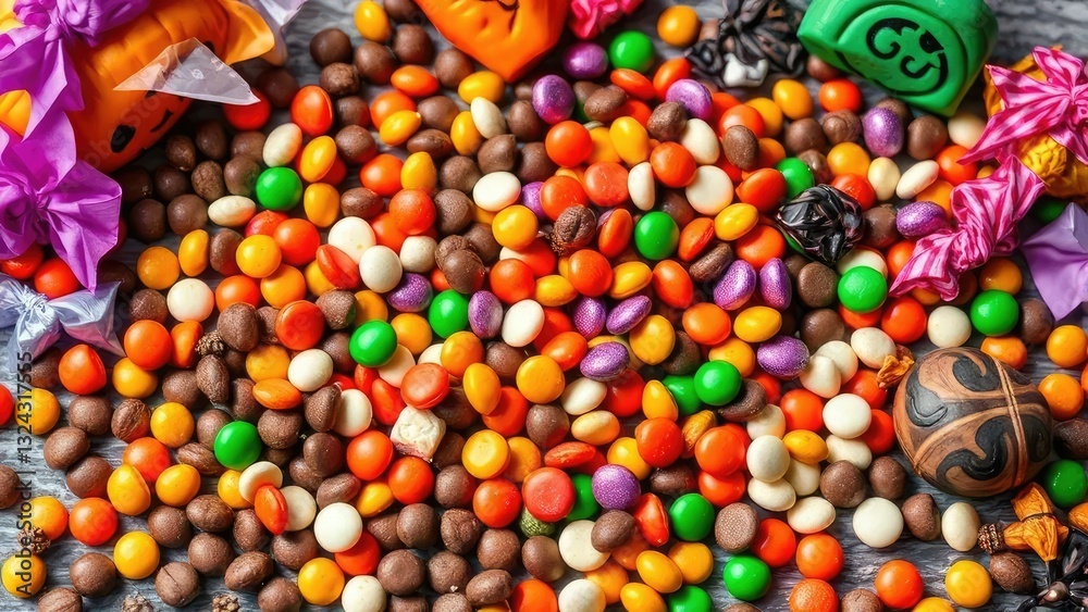 Fototapeta premium A colorful arrangement of Halloween candies and chocolates on a table, colorful candy, chocolate, table arrangement