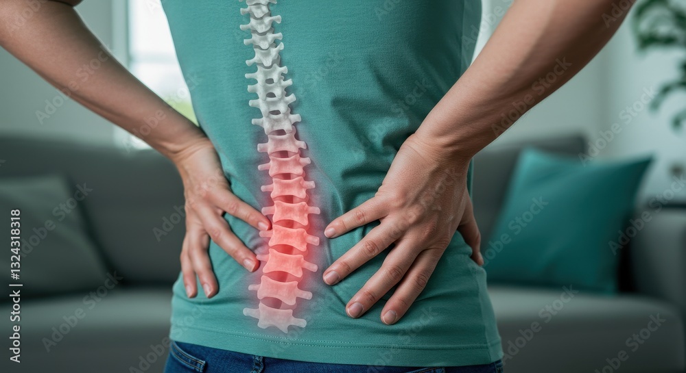 Obraz premium Woman with back pain, highlighted spine showing injury. Healthcare concept for spinal problems, backache, and medical treatment.