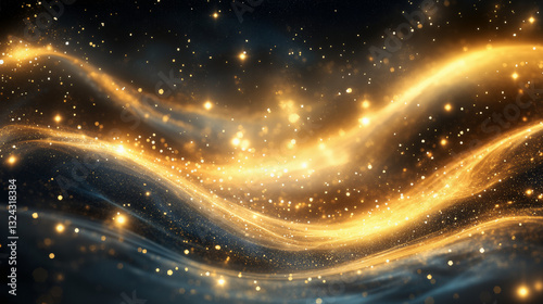 Abstract Golden Light Waves with Sparkles on Dark Background