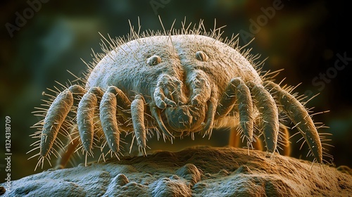 Electron microscope view of a dust mite, capturing its segmented body and fine hair-like structures in sharp detail