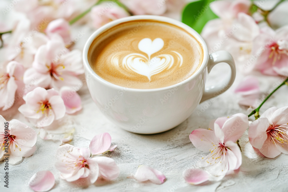 Spring morning coffee with flowers in the frame Spring morning coffee with flowers in the frame