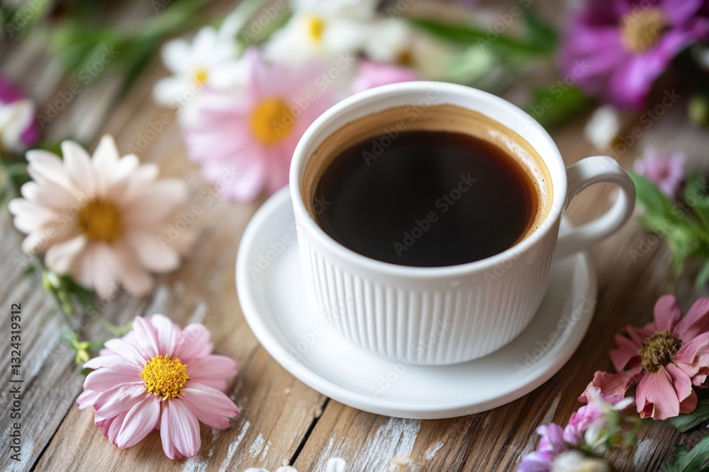 Spring morning coffee with flowers in the frame Spring morning coffee with flowers in the frame