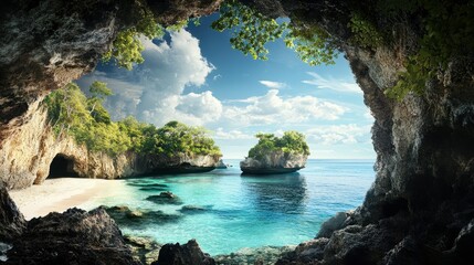 Poster encadré  Of a Remote island paradise with lush cliffs and hidden caves surrounded by crystal-clear waters  © Sergey Fedchenko